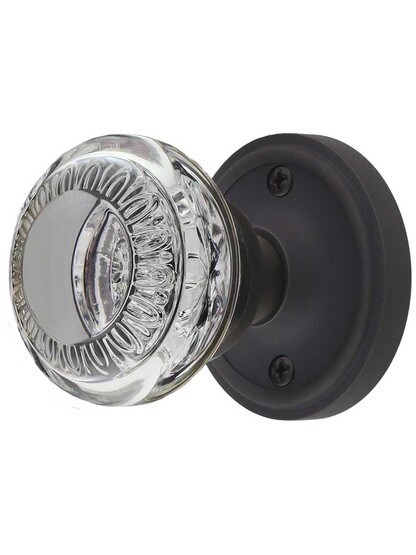 Classic Rosette Door Set with Ovolo Crystal-Glass Knobs in Oil-Rubbed Bronze.